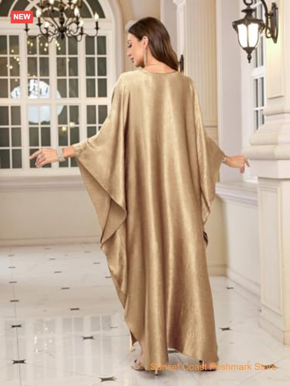 Solid Chiffon Plus Size Kaftan Dress Maxi Beach Cover Up Batwing Sleeve - Picture 5 of 7